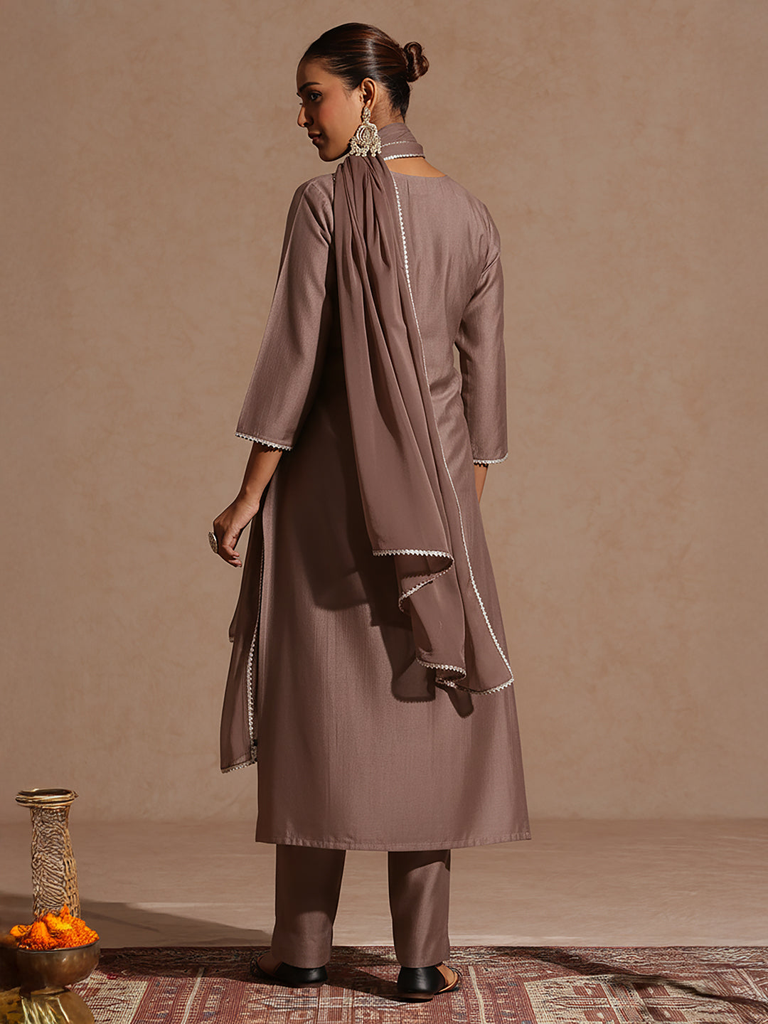 Brown Silk Blend Embroidered 3-Piece Kurta Set