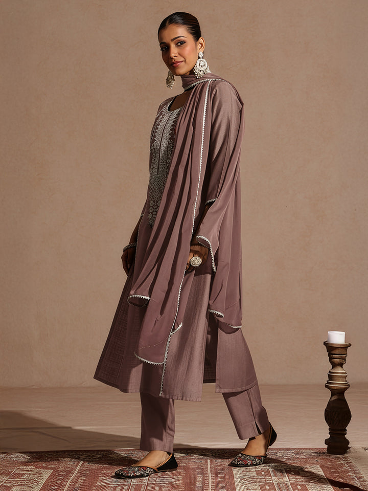Brown Silk Blend Embroidered 3-Piece Kurta Set