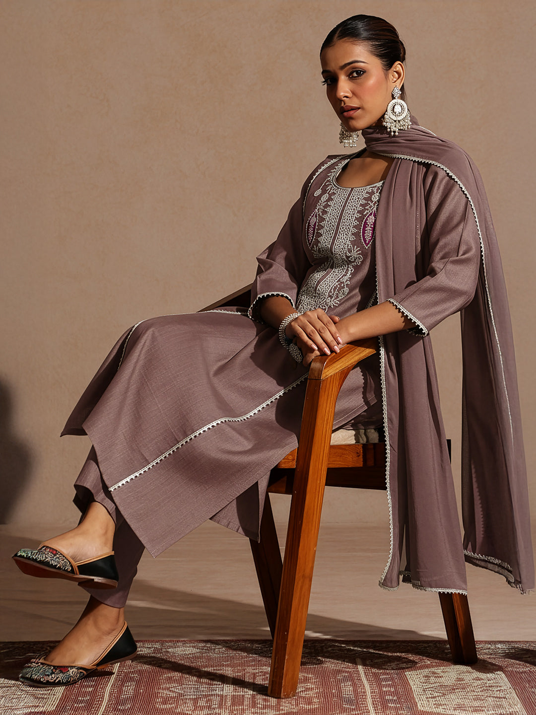 Brown Silk Blend Embroidered 3-Piece Kurta Set