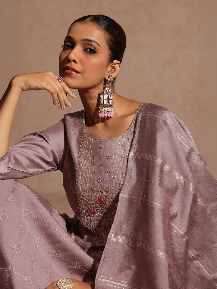 Brown Silk Blend Embellished 3-Piece Kurta Set