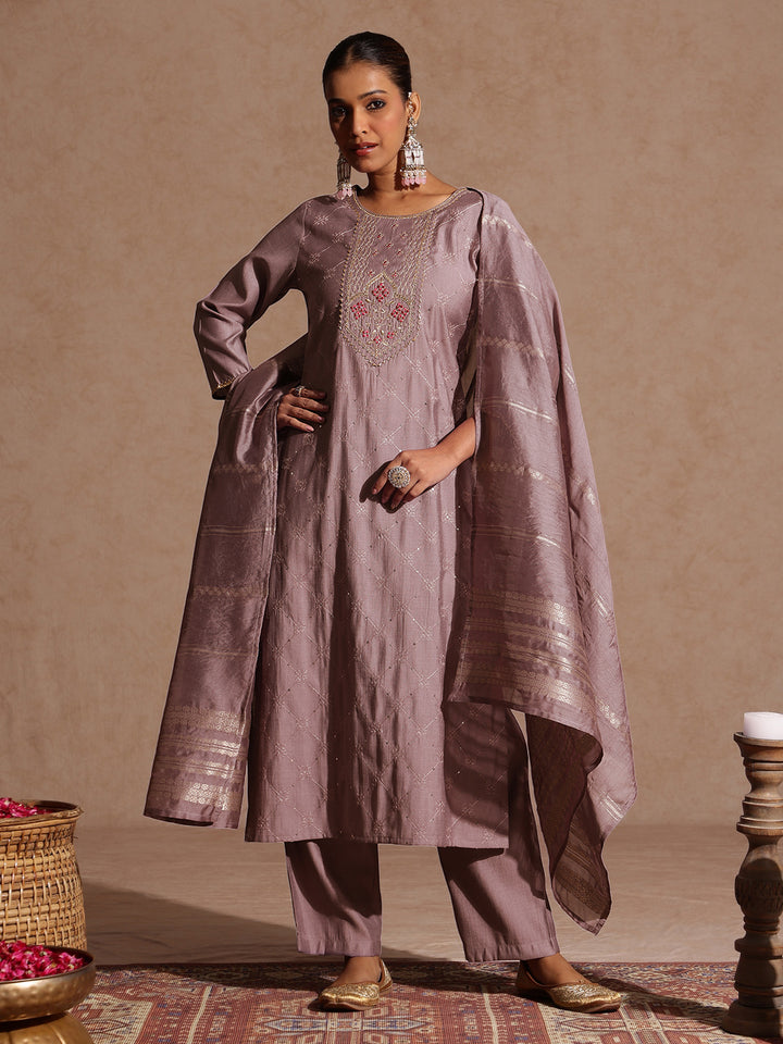 Brown Silk Blend Embellished 3-Piece Kurta Set