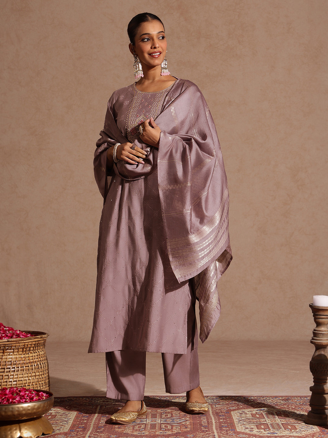 Brown Silk Blend Embellished 3-Piece Kurta Set