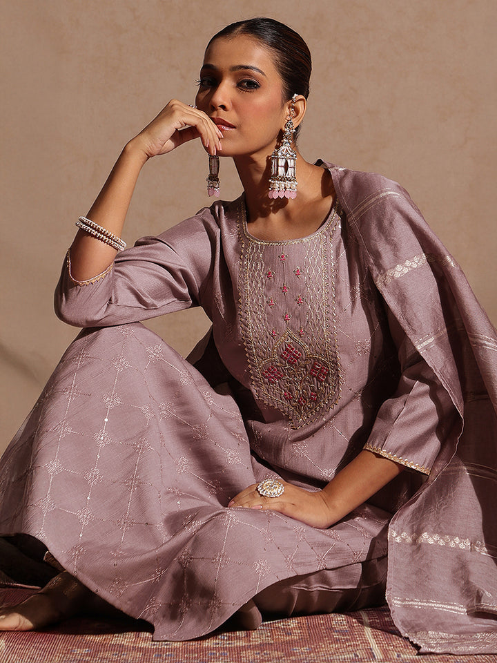 Brown Silk Blend Embellished 3-Piece Kurta Set