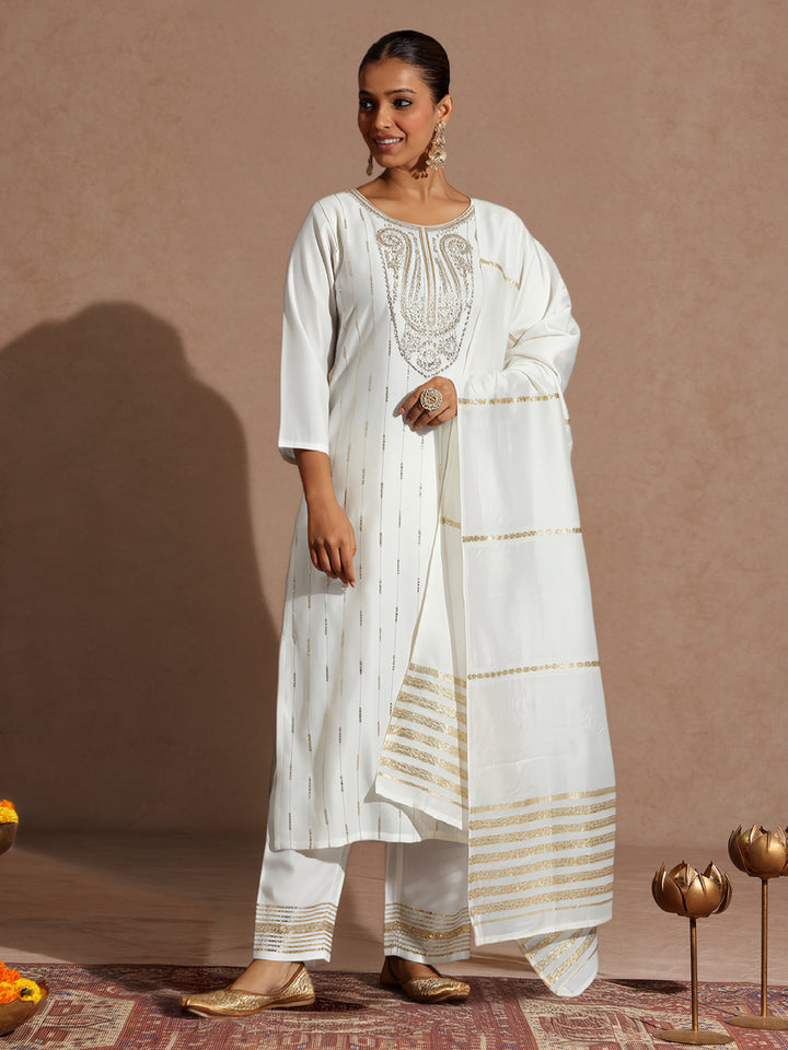 Off White Silk Blend Embellished 3-Piece Kurta Set