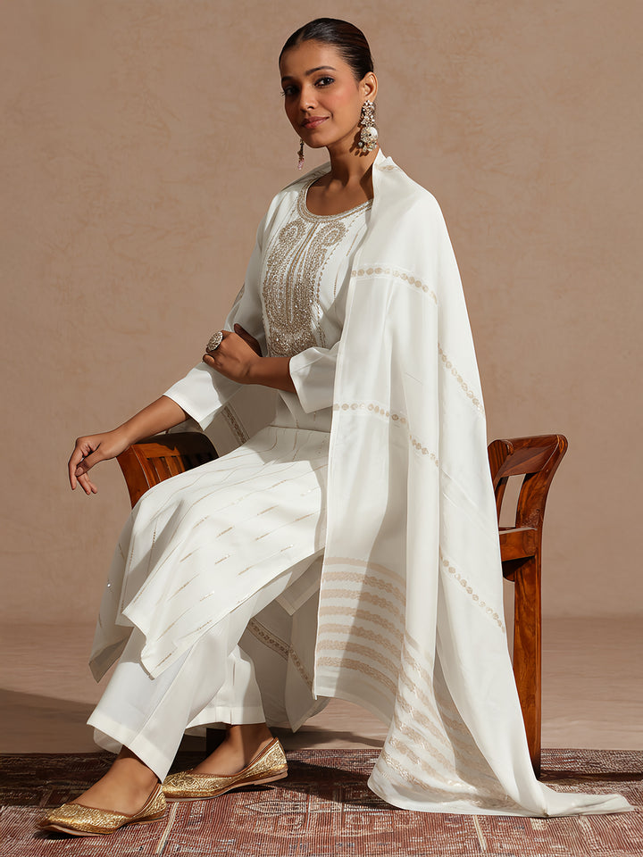 Off White Silk Blend Embellished 3-Piece Kurta Set