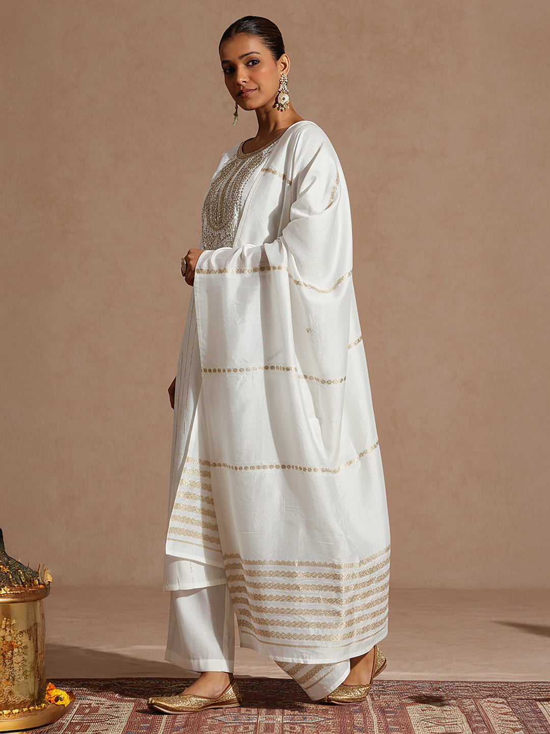 Off White Silk Blend Embellished 3-Piece Kurta Set