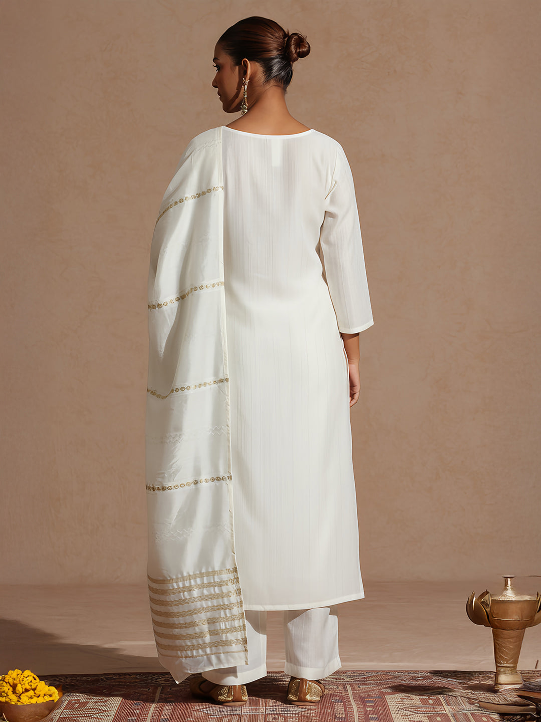 Off White Silk Blend Embellished 3-Piece Kurta Set