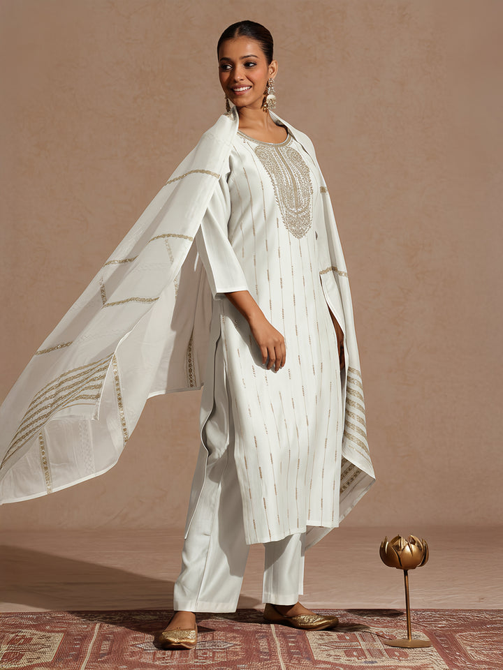 Off White Silk Blend Embellished 3-Piece Kurta Set