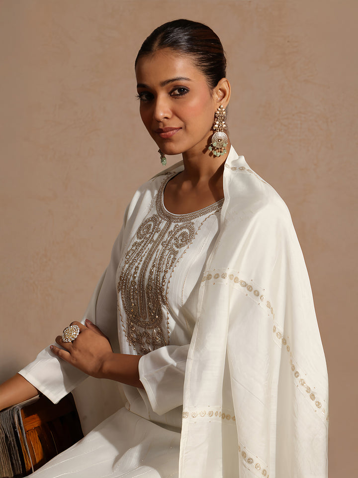Off White Silk Blend Embellished 3-Piece Kurta Set
