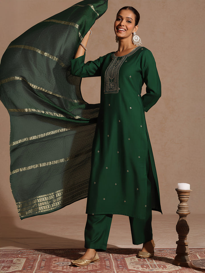 Bottle Green Silk Blend Embroidered 3-Piece Kurta Set