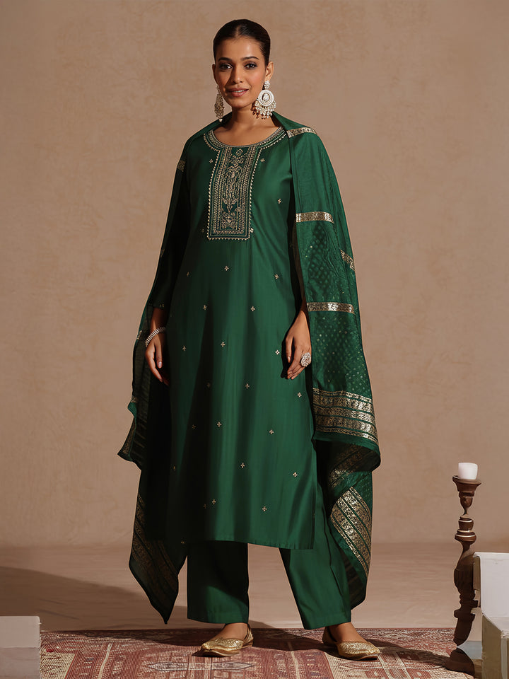 Bottle Green Silk Blend Embroidered 3-Piece Kurta Set