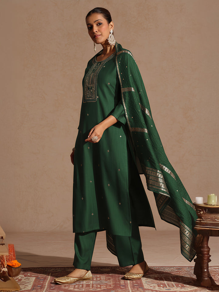 Bottle Green Silk Blend Embroidered 3-Piece Kurta Set