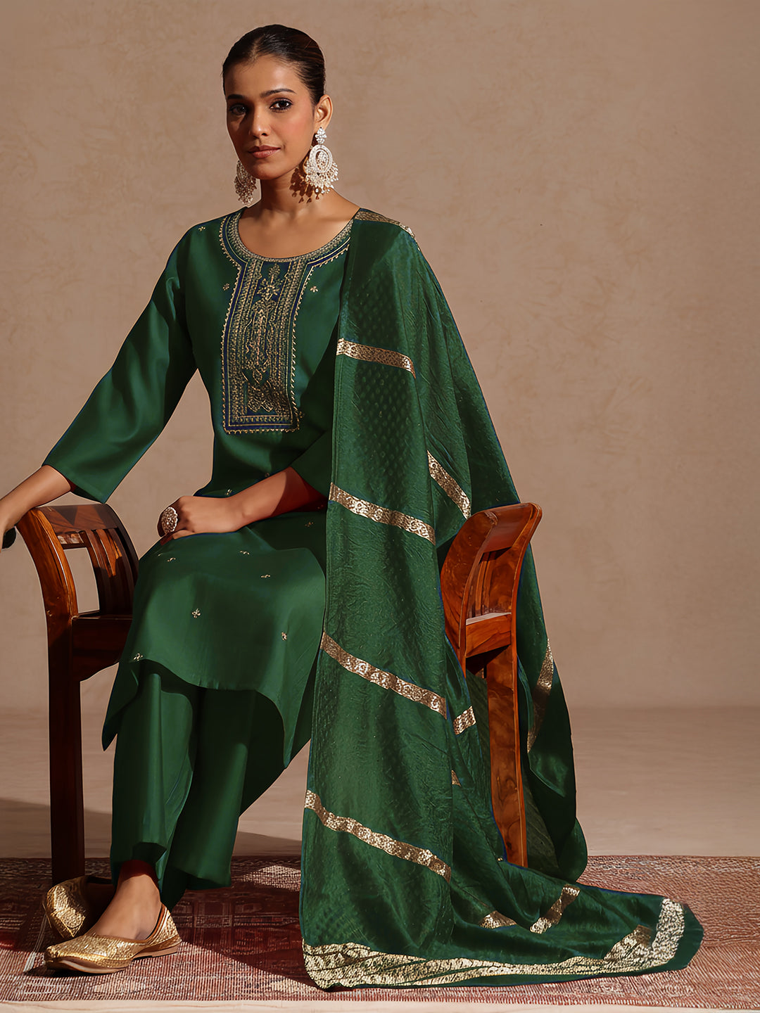 Bottle Green Silk Blend Embroidered 3-Piece Kurta Set