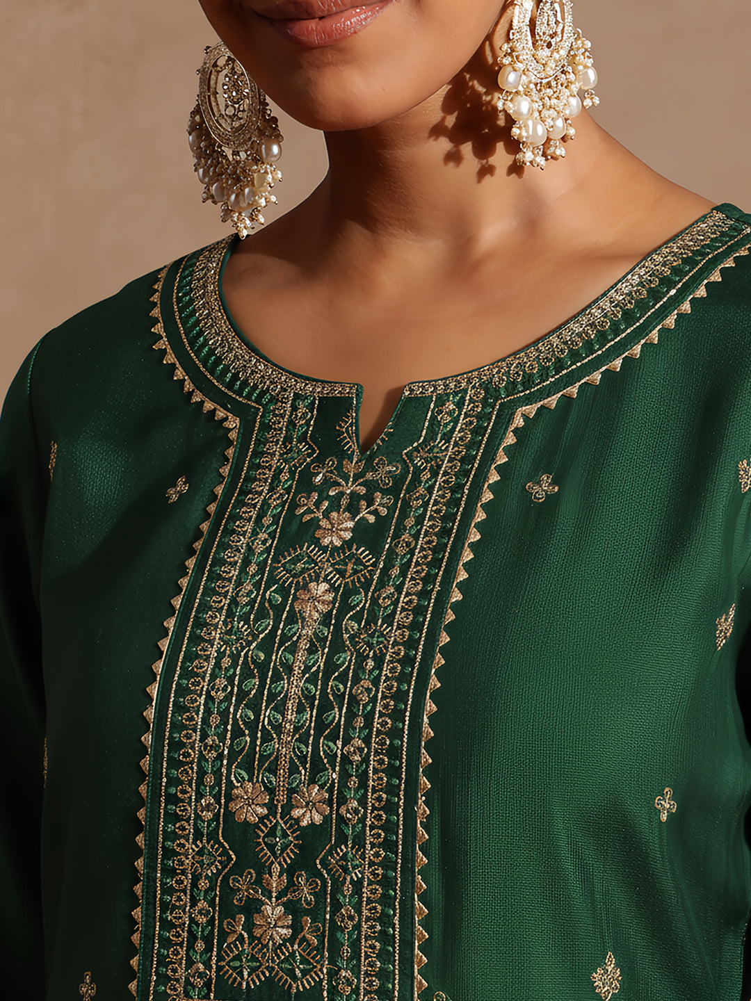 Bottle Green Silk Blend Embroidered 3-Piece Kurta Set