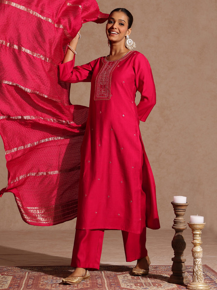 Pink Silk Blend Embroidered 3-Piece Kurta Set
