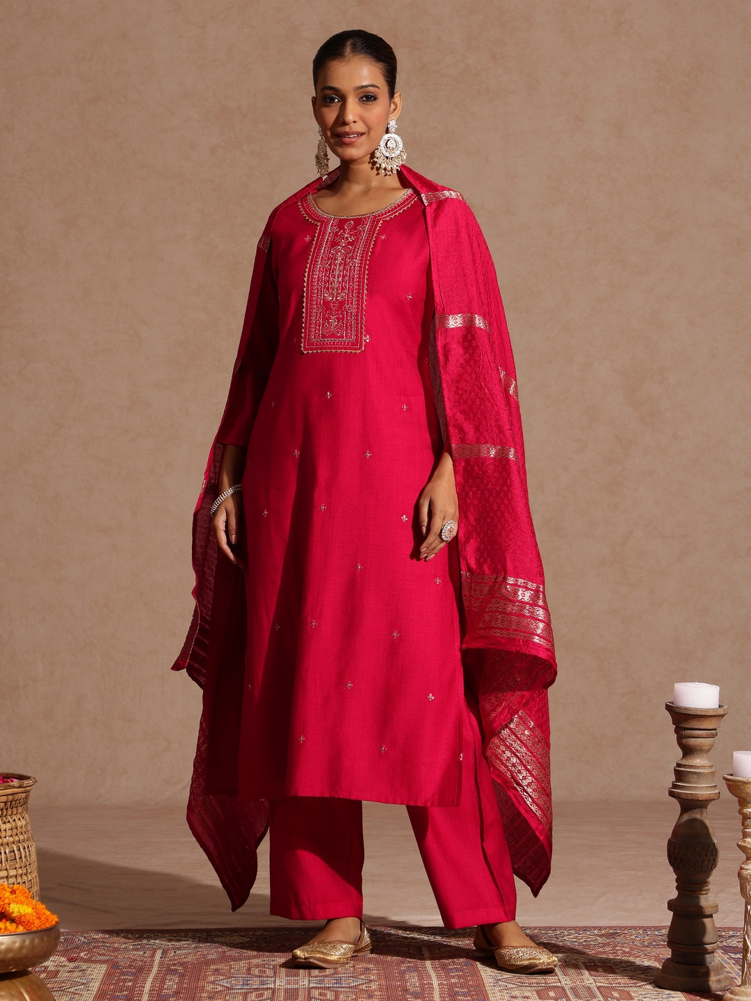 Pink Silk Blend Embroidered 3-Piece Kurta Set