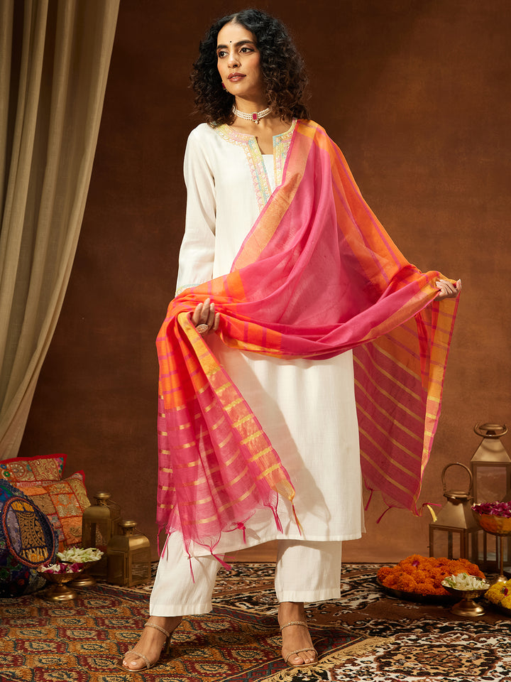 Off White Silk Blend Embellished 3-Piece Kurta Set