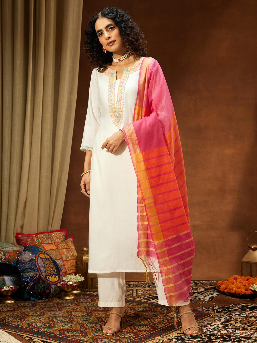 Off White Silk Blend Embellished 3-Piece Kurta Set