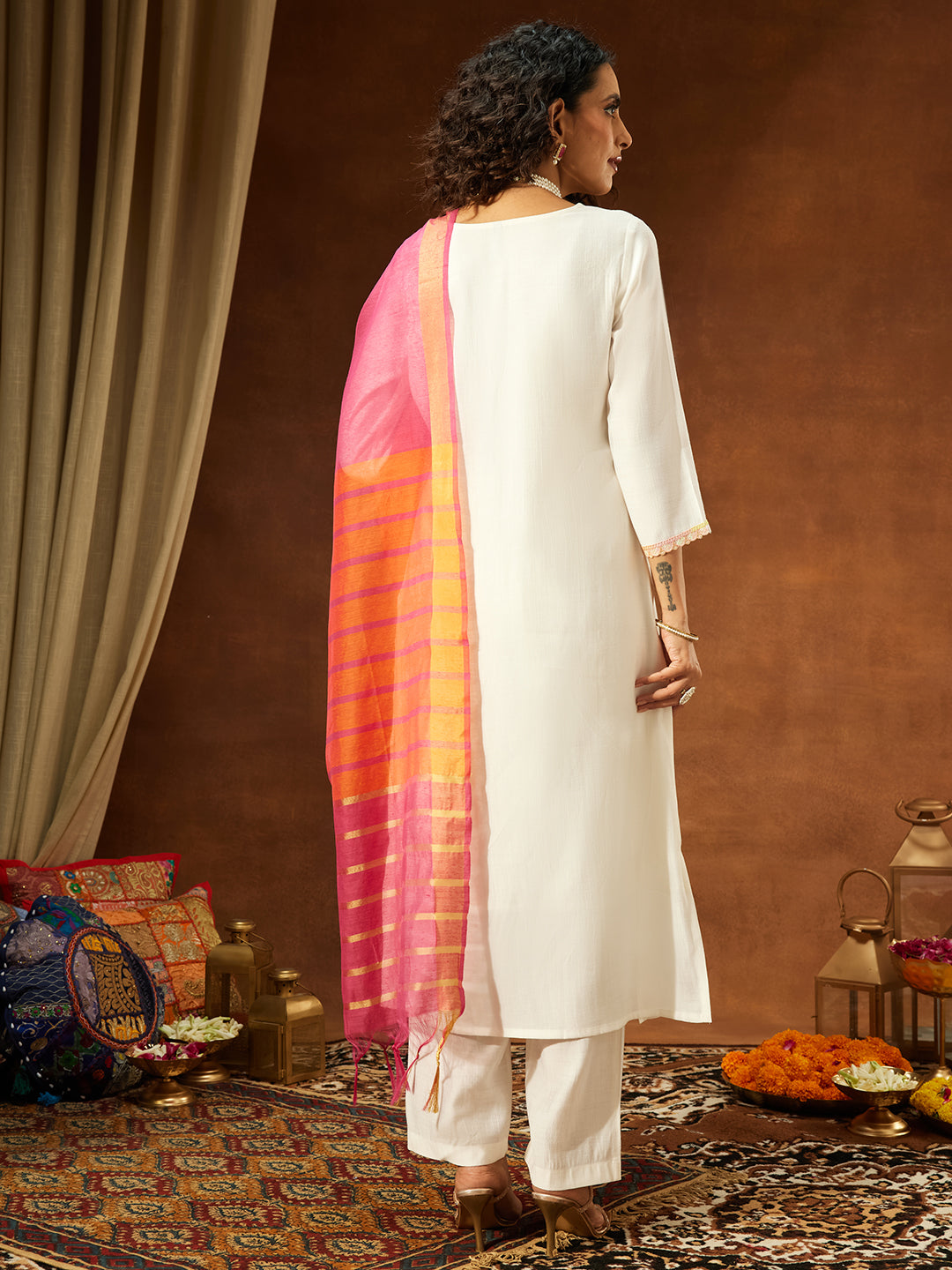 Off White Silk Blend Embellished 3-Piece Kurta Set