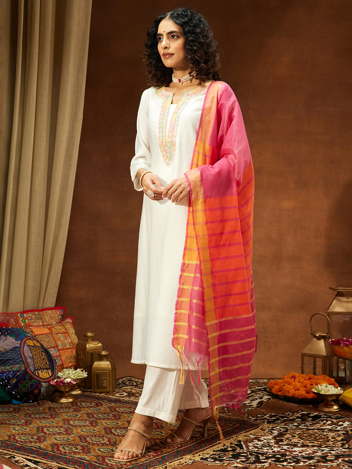 Off White Silk Blend Embellished 3-Piece Kurta Set