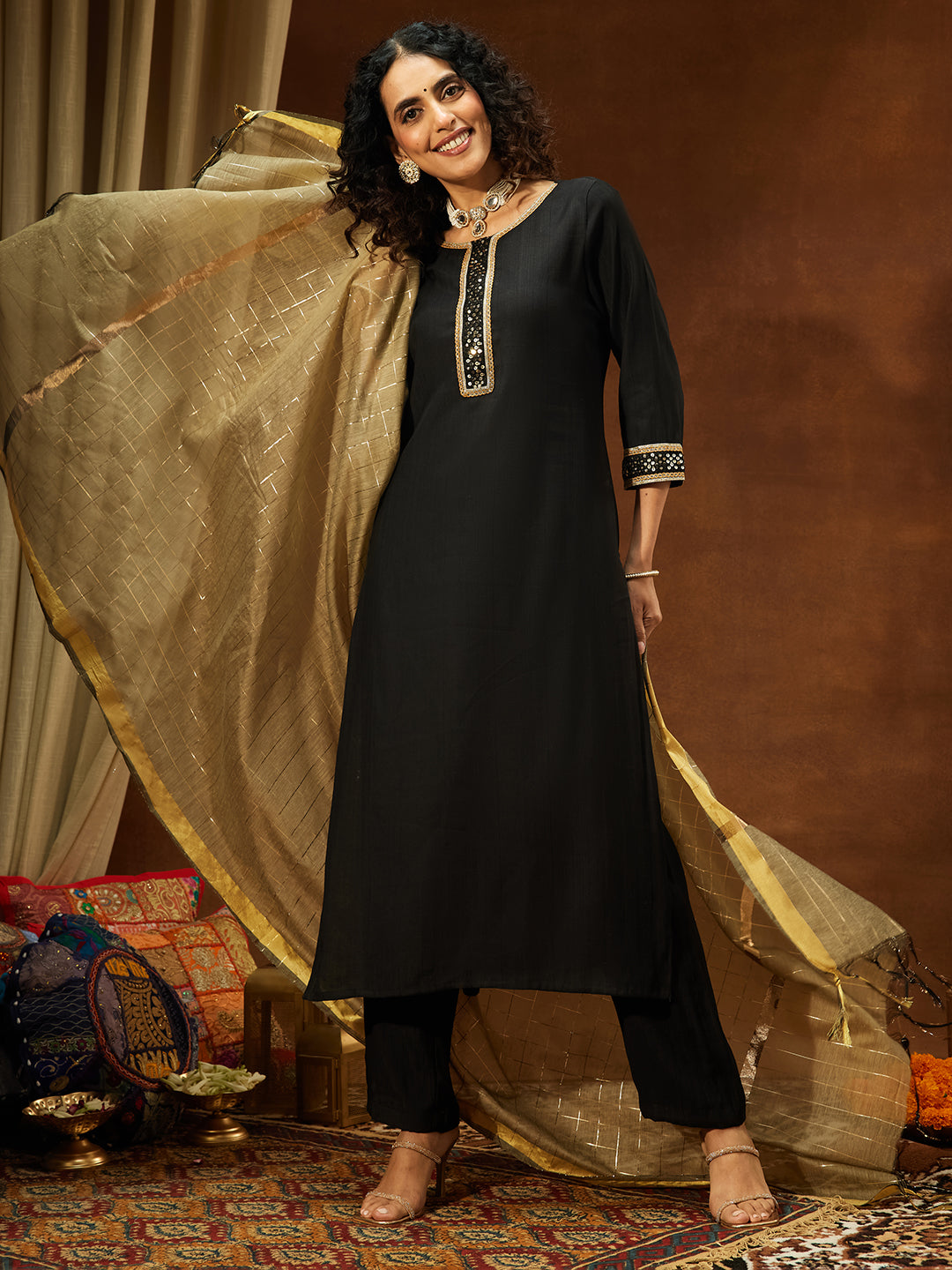 Black Silk Blend Embroidered 3-Piece Kurta Set