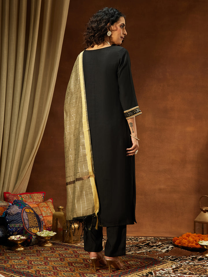 Black Silk Blend Embroidered 3-Piece Kurta Set