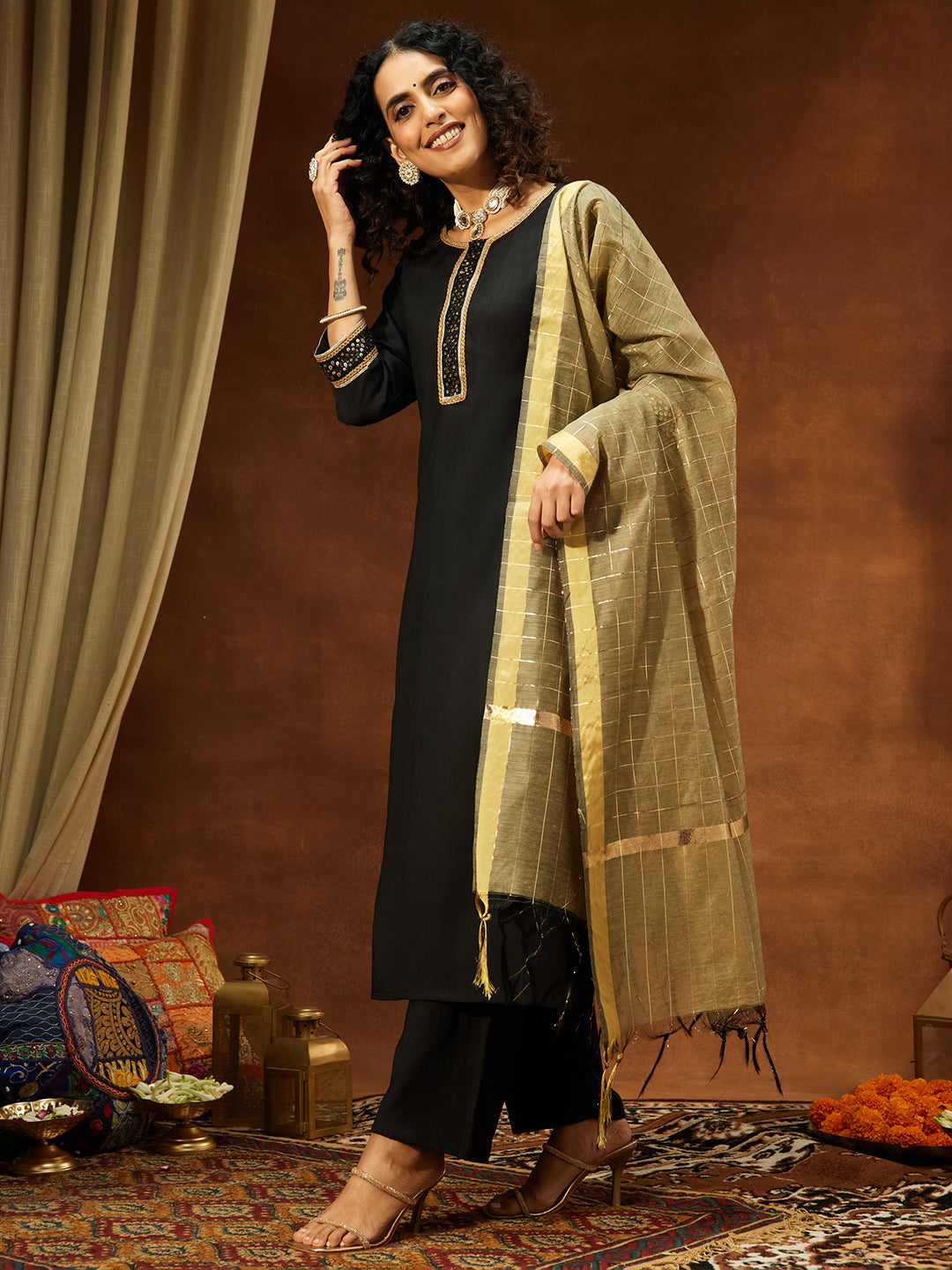 Black Silk Blend Embroidered 3-Piece Kurta Set