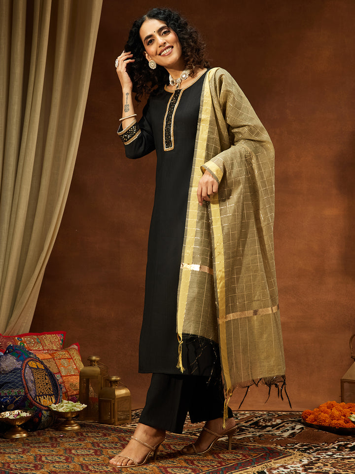 Black Silk Blend Embroidered 3-Piece Kurta Set