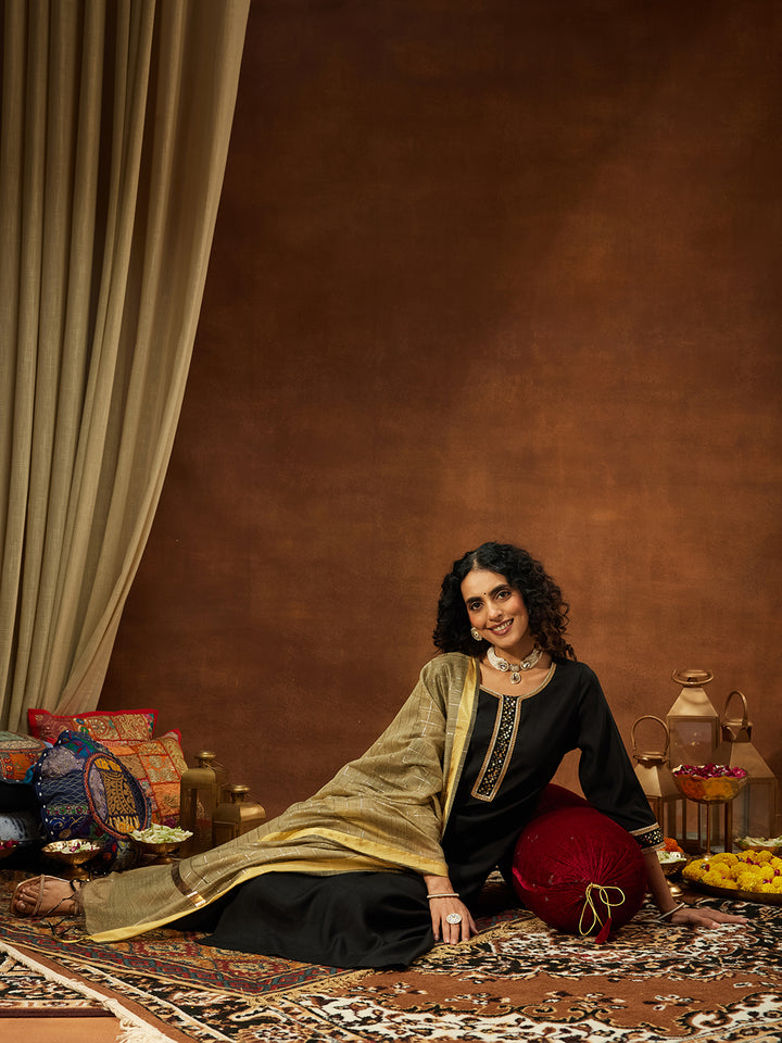 Black Silk Blend Embroidered 3-Piece Kurta Set