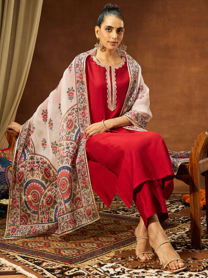 Maroon Silk Blend Solid 3-Piece Kurta Set