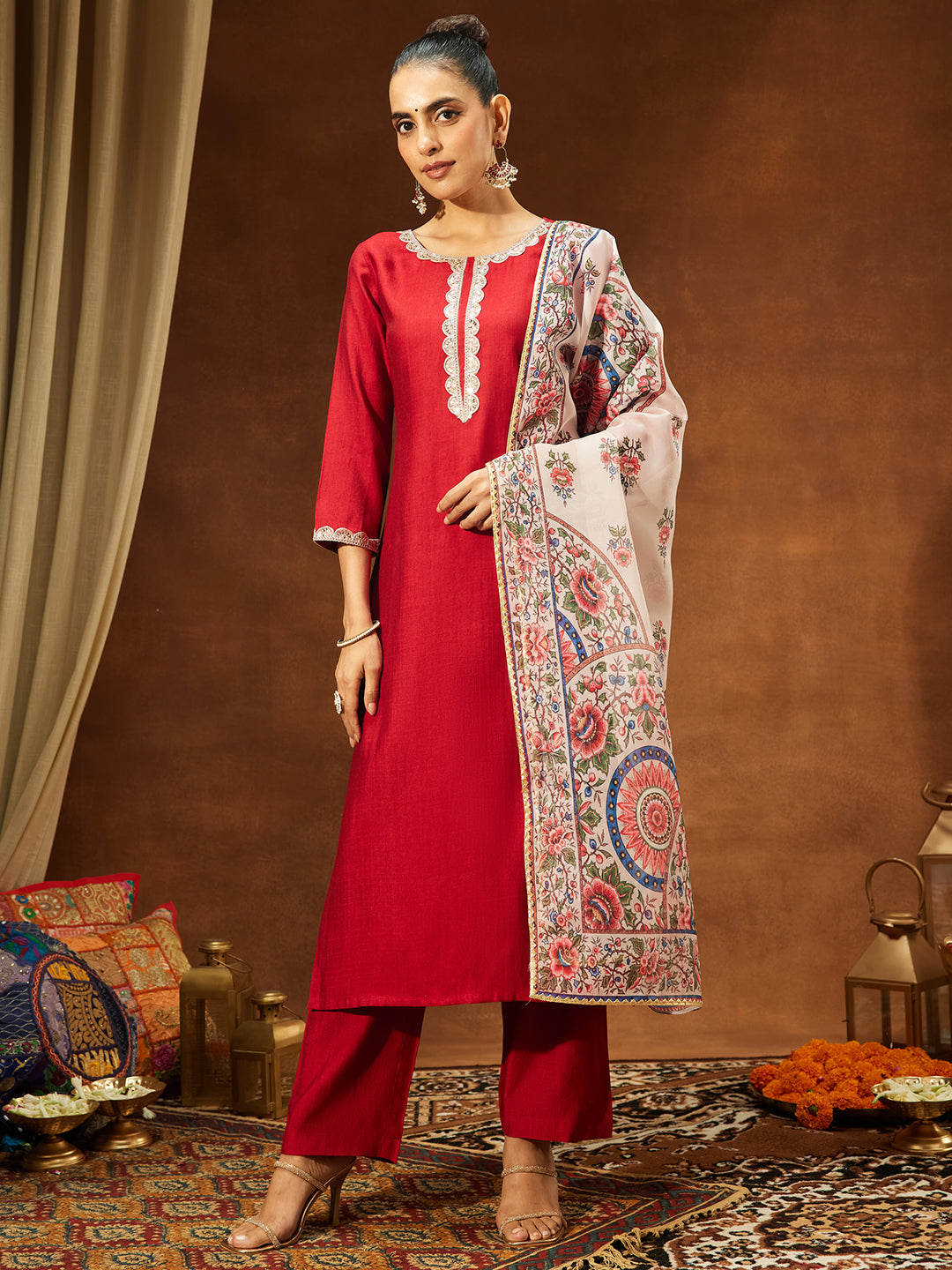Maroon Silk Blend Solid 3-Piece Kurta Set