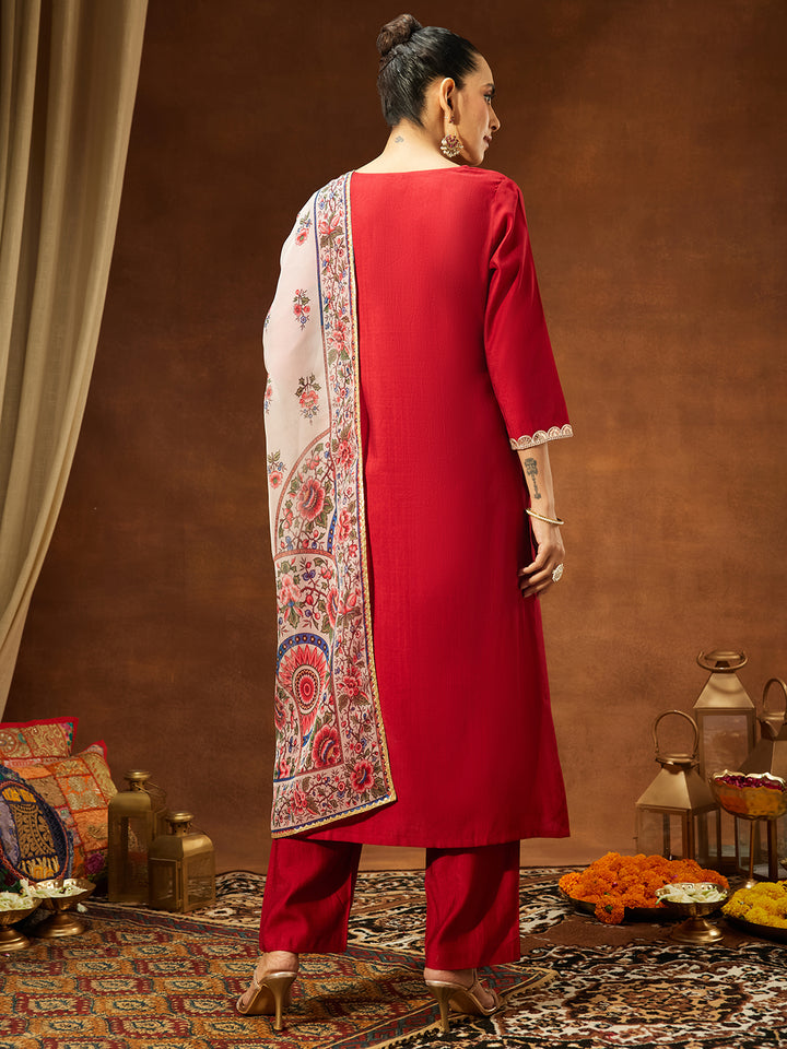 Maroon Silk Blend Solid 3-Piece Kurta Set
