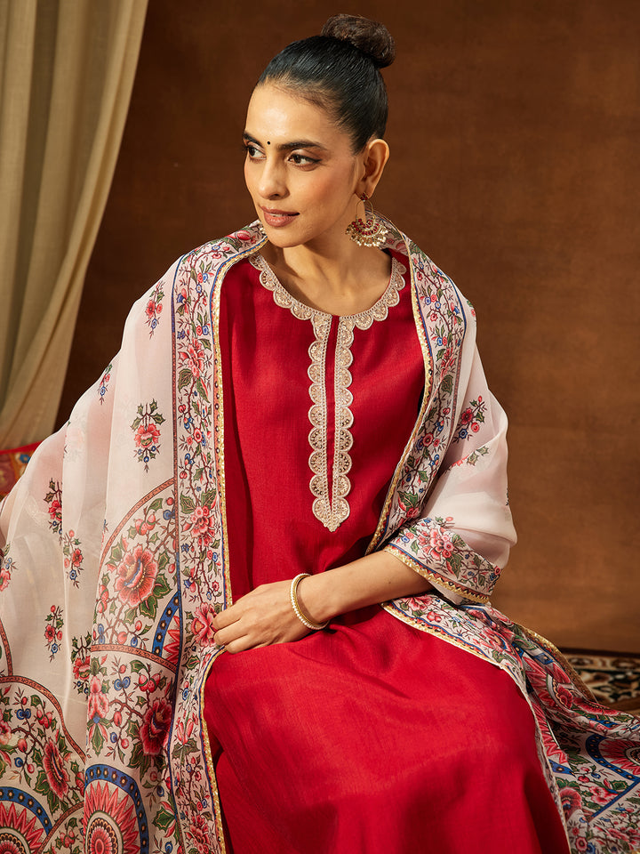 Maroon Silk Blend Solid 3-Piece Kurta Set