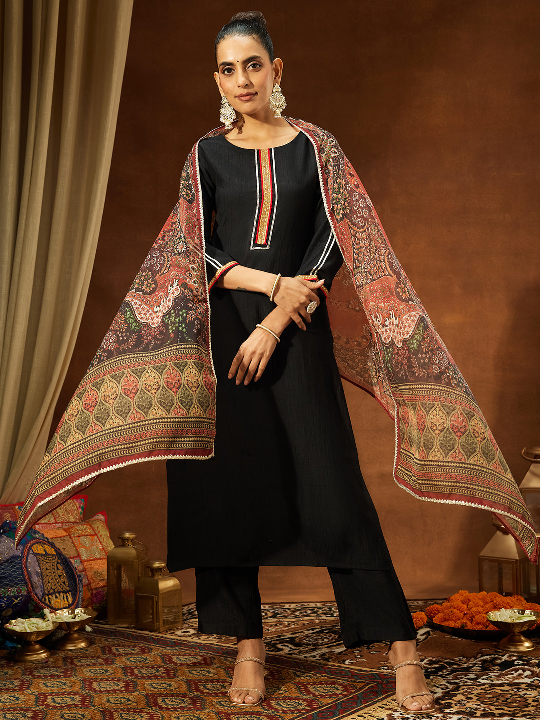 Black Silk Blend Embellished 3-Piece Kurta Set