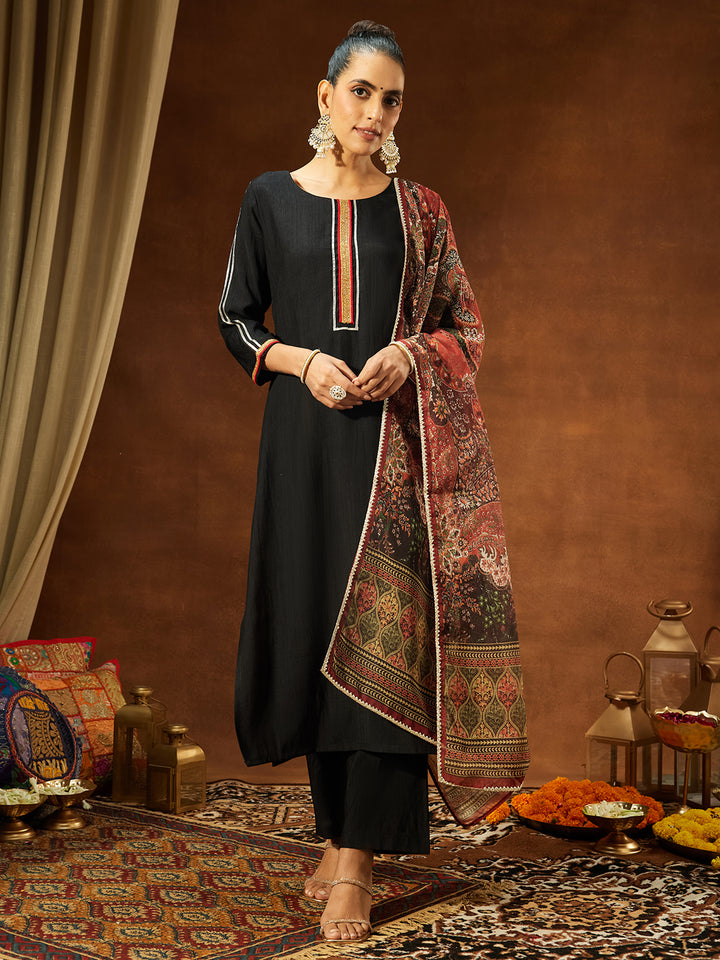 Black Silk Blend Embellished 3-Piece Kurta Set