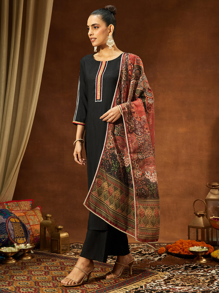 Black Silk Blend Embellished 3-Piece Kurta Set