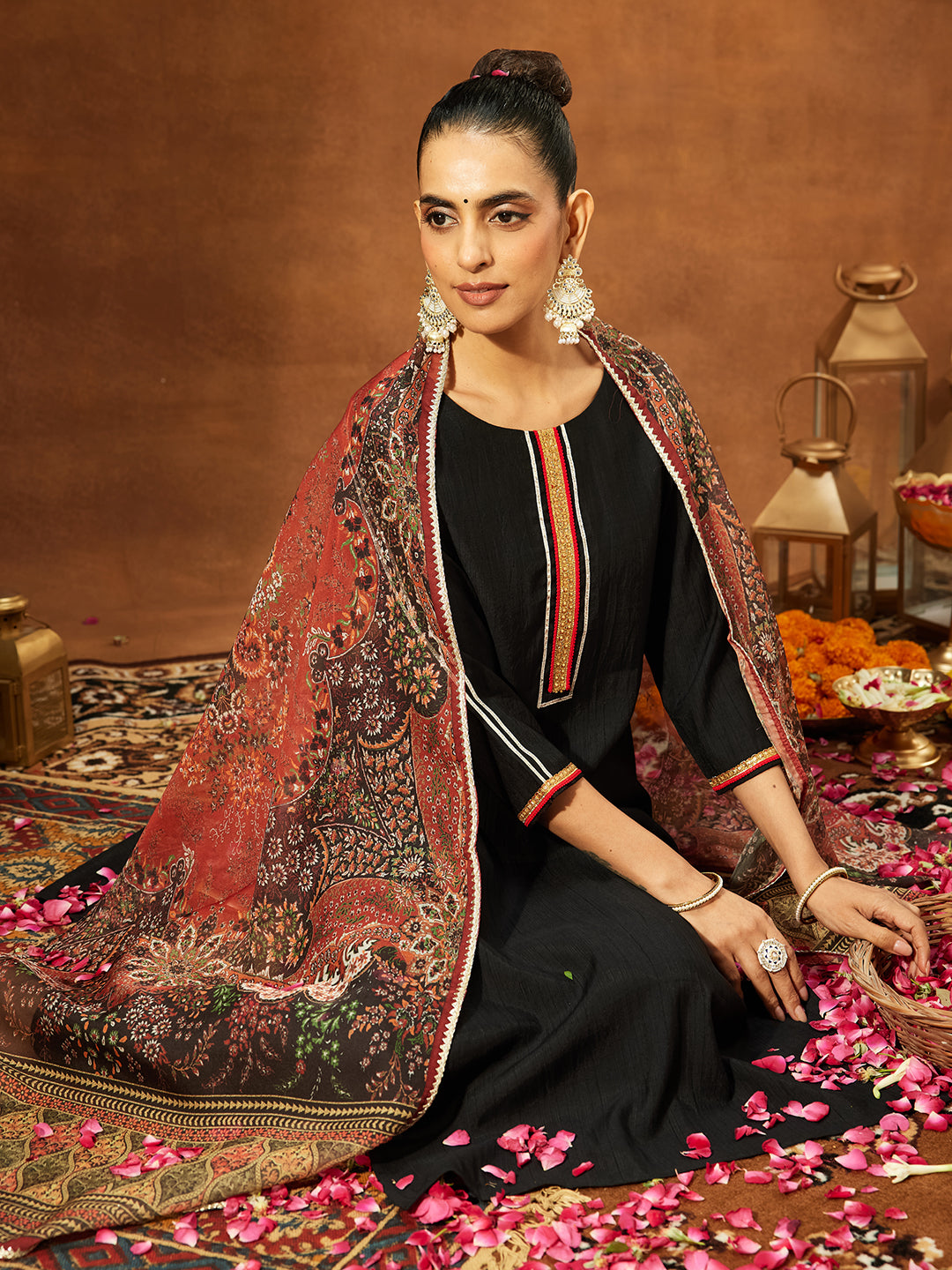 Black Silk Blend Embellished 3-Piece Kurta Set