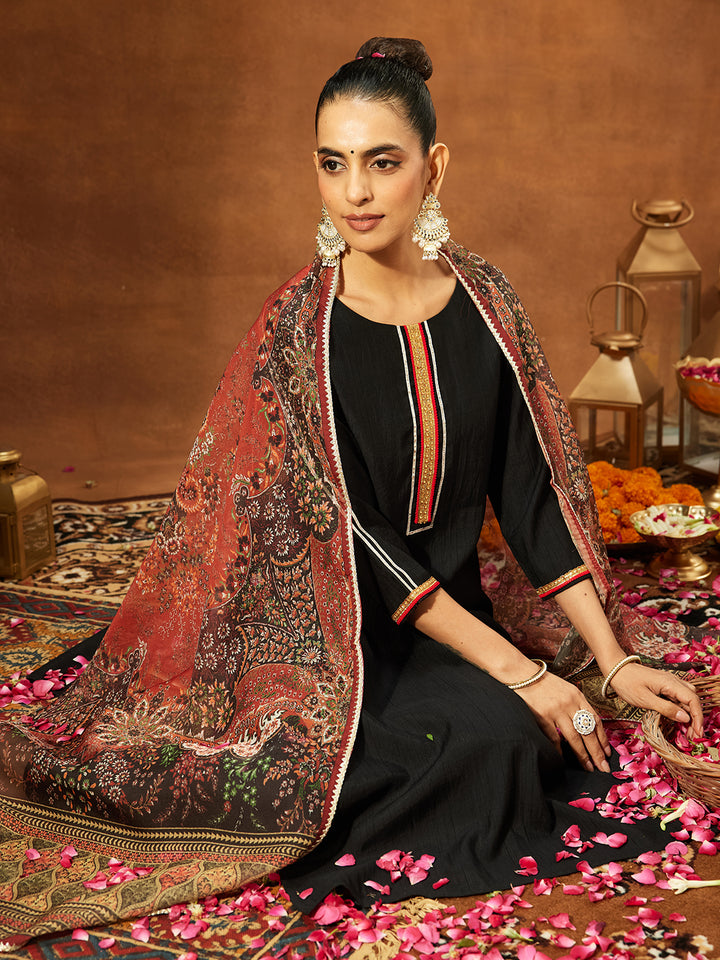 Black Silk Blend Embellished 3-Piece Kurta Set