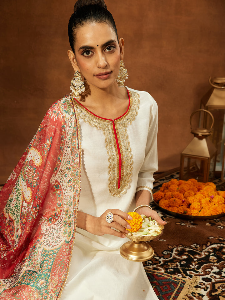 Off White Silk Blend Embellished 3-Piece Kurta Set