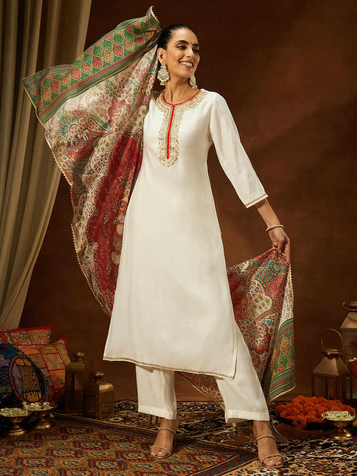 Off White Silk Blend Embellished 3-Piece Kurta Set