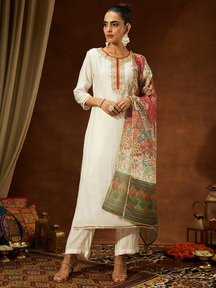 Off White Silk Blend Embellished 3-Piece Kurta Set