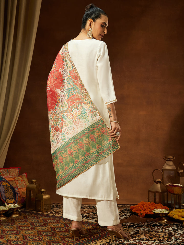 Off White Silk Blend Embellished 3-Piece Kurta Set