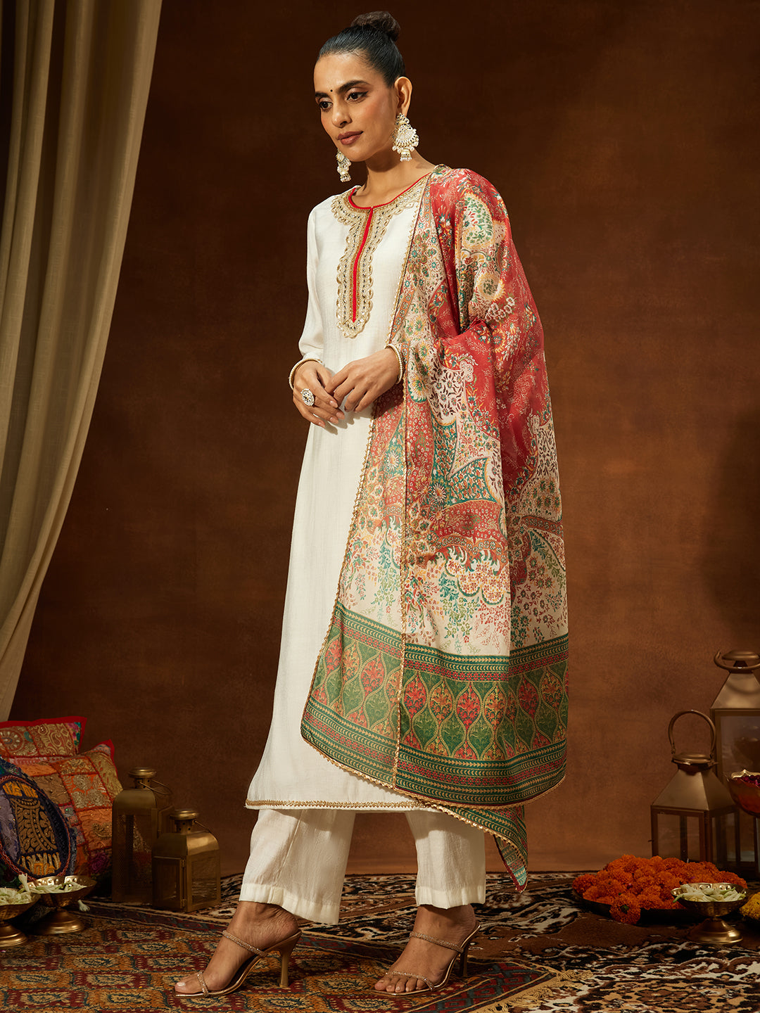 Off White Silk Blend Embellished 3-Piece Kurta Set