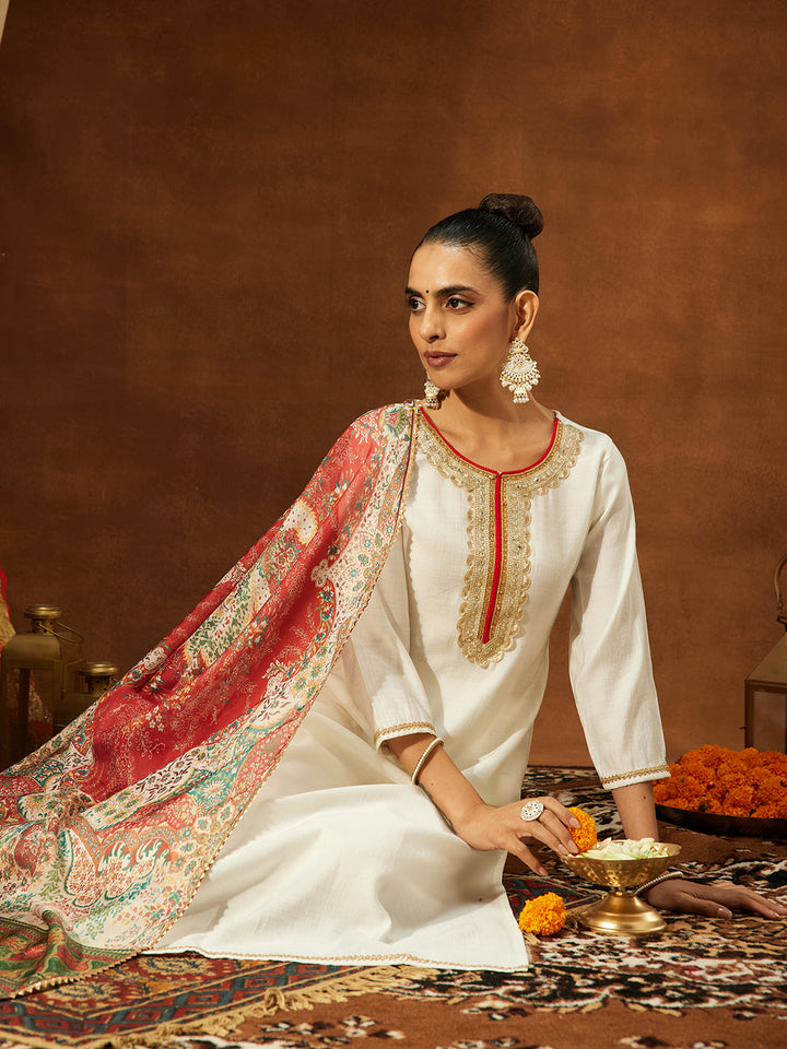 Off White Silk Blend Embellished 3-Piece Kurta Set