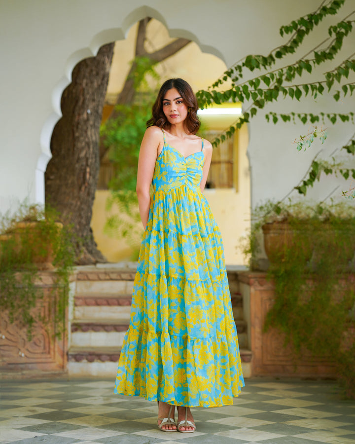 Teal-Blue-&-Yellow-Chiffon-Tiered-Maxi-Dress