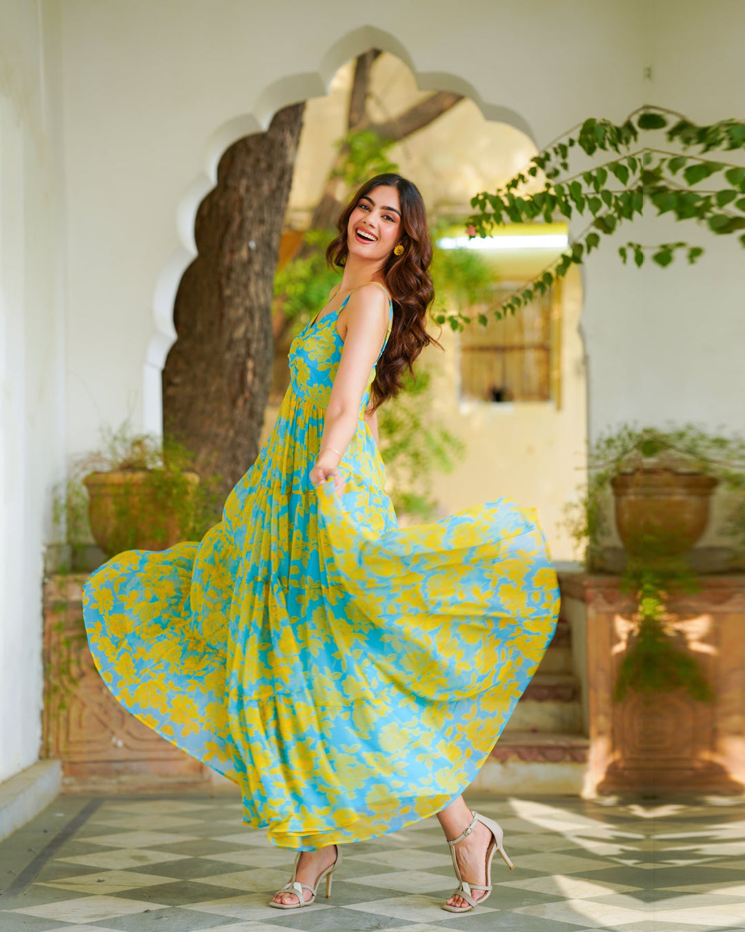 Teal-Blue-&-Yellow-Chiffon-Tiered-Maxi-Dress
