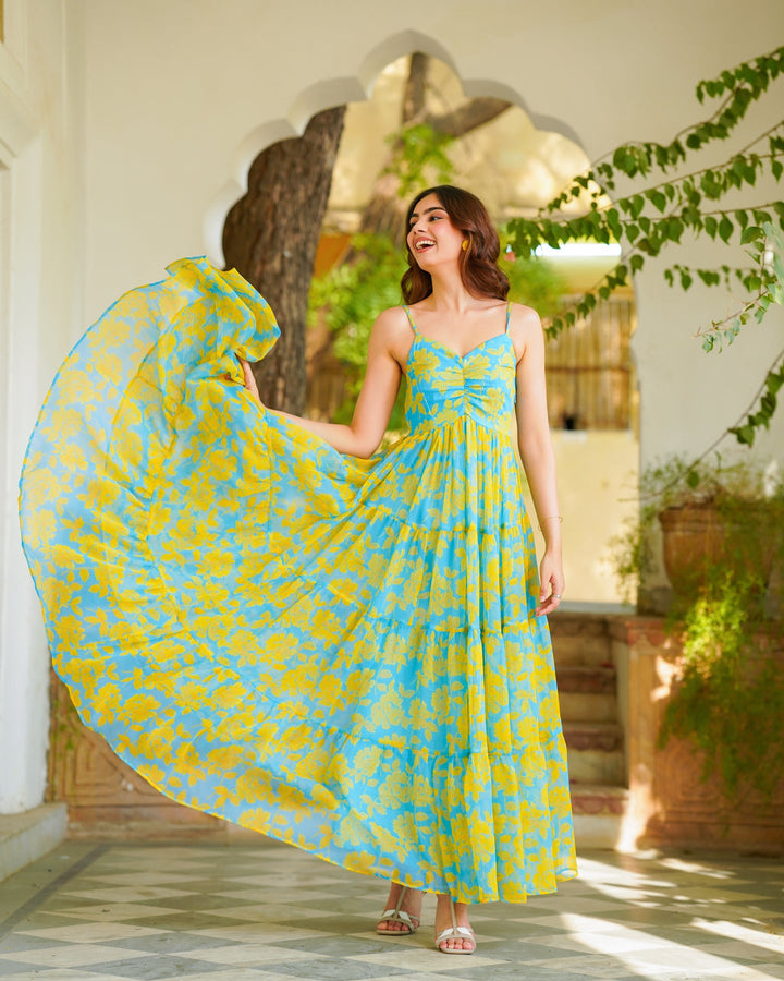 Teal-Blue-&-Yellow-Chiffon-Tiered-Maxi-Dress