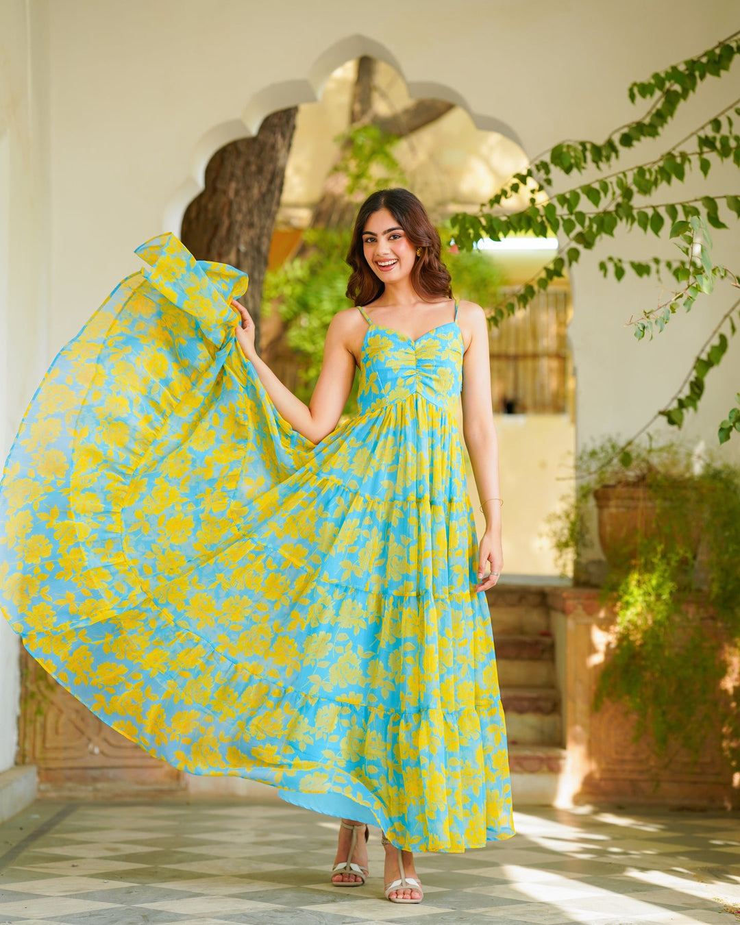Teal-Blue-&-Yellow-Chiffon-Tiered-Maxi-Dress