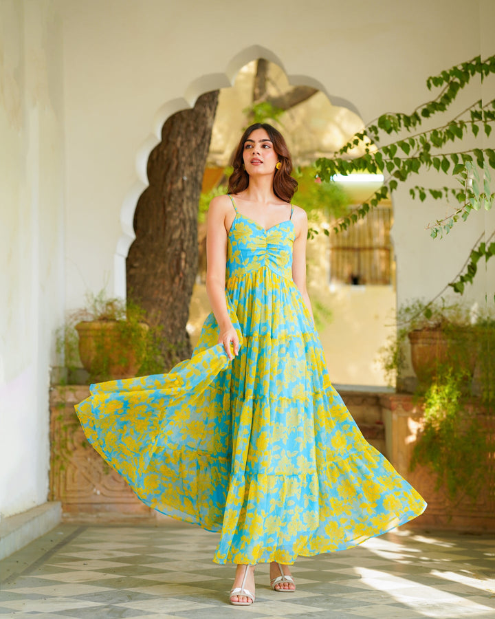Teal-Blue-&-Yellow-Chiffon-Tiered-Maxi-Dress