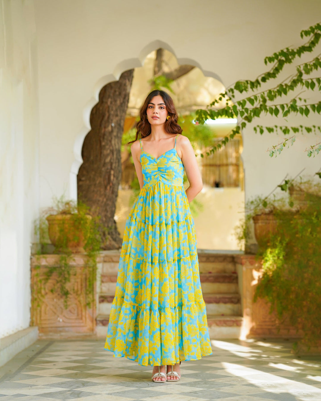 Teal-Blue-&-Yellow-Chiffon-Tiered-Maxi-Dress